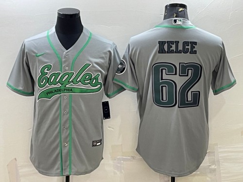 Men's Philadelphia Eagles #62 Jason Kelce Gray With Patch Cool Base Stitched Baseball Jersey